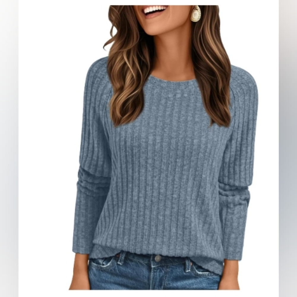 Fantaslook Blue L Tunic Shirt for Women, Long Sleeve, Crewneck, Dressy Sweater